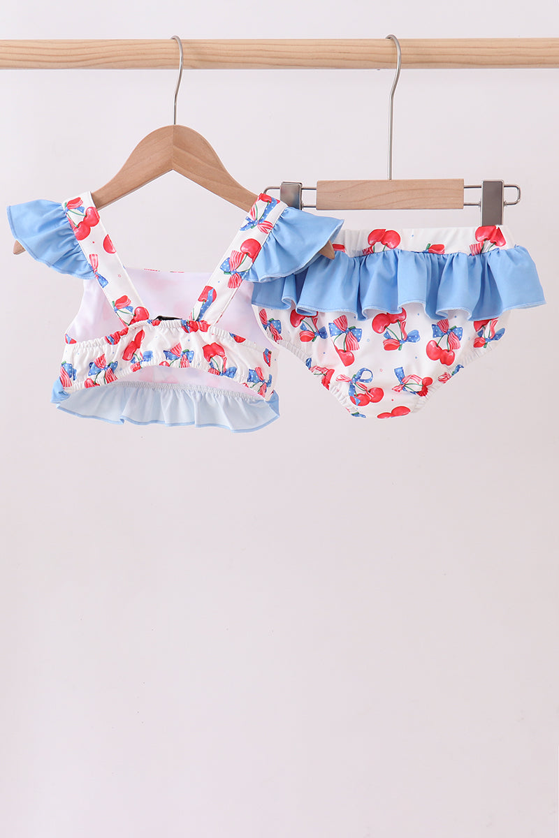 Blue cherry print 2pc ruffle swimsuit