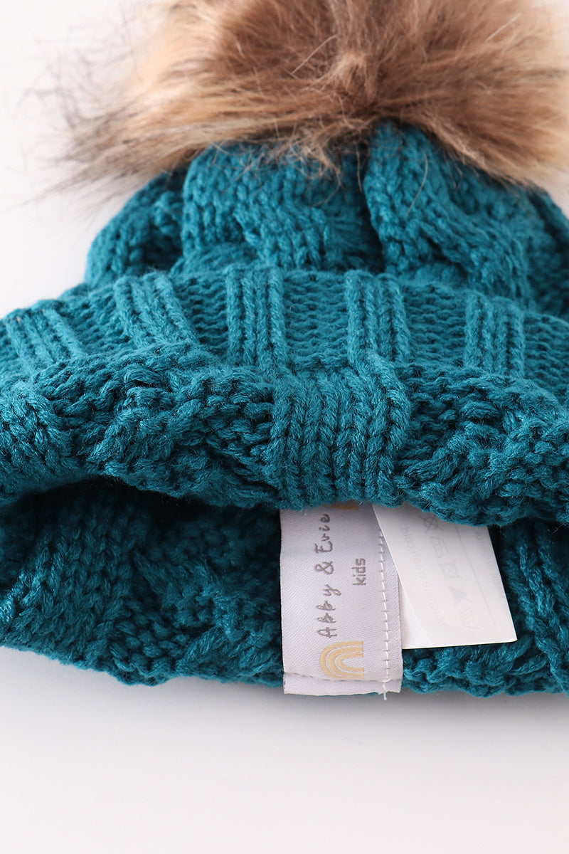 Teal pompom cable beanie hat