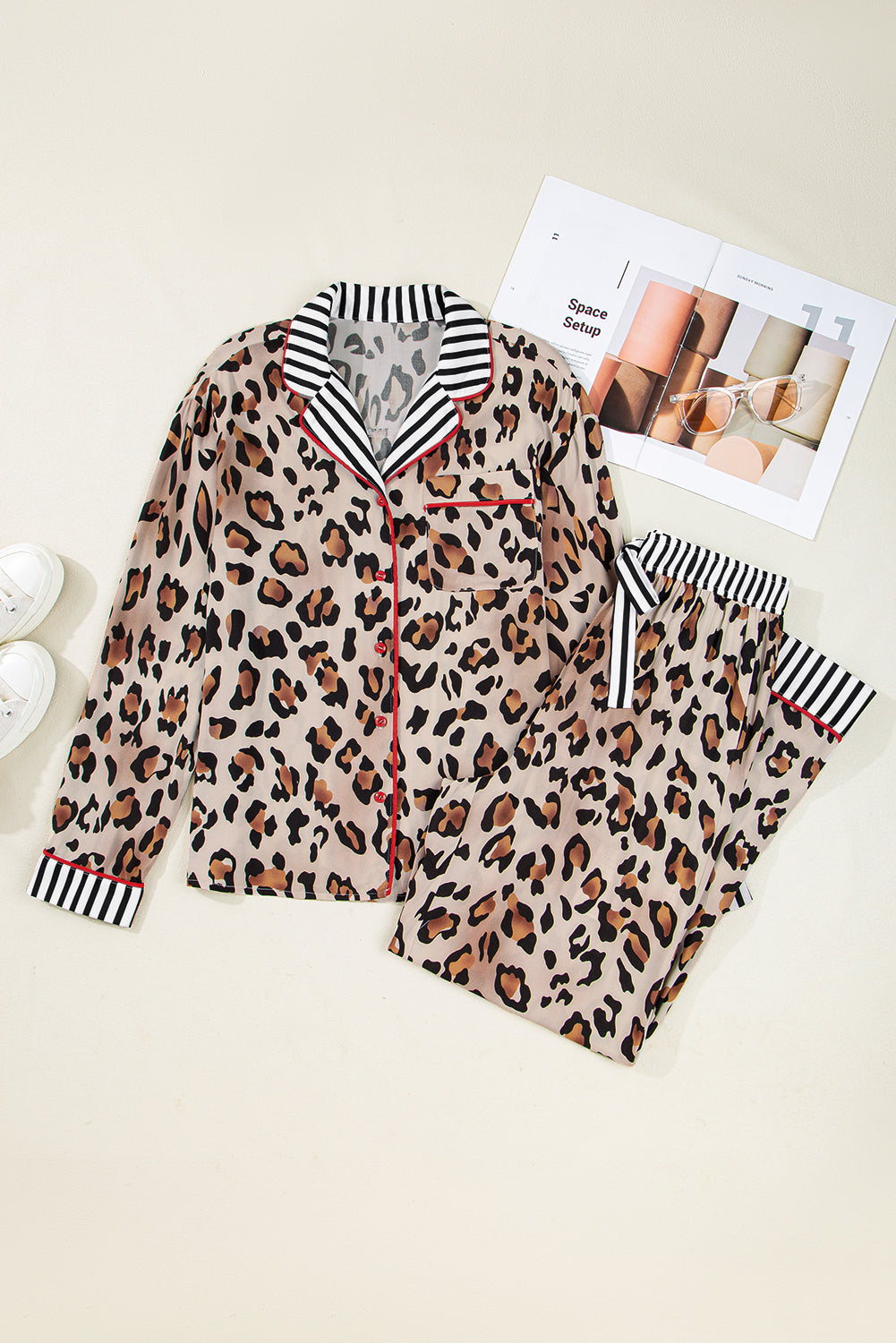 Dearlove Khaki Leopard Print Colorblock Striped Edge Shirt and Pants Pajama Set