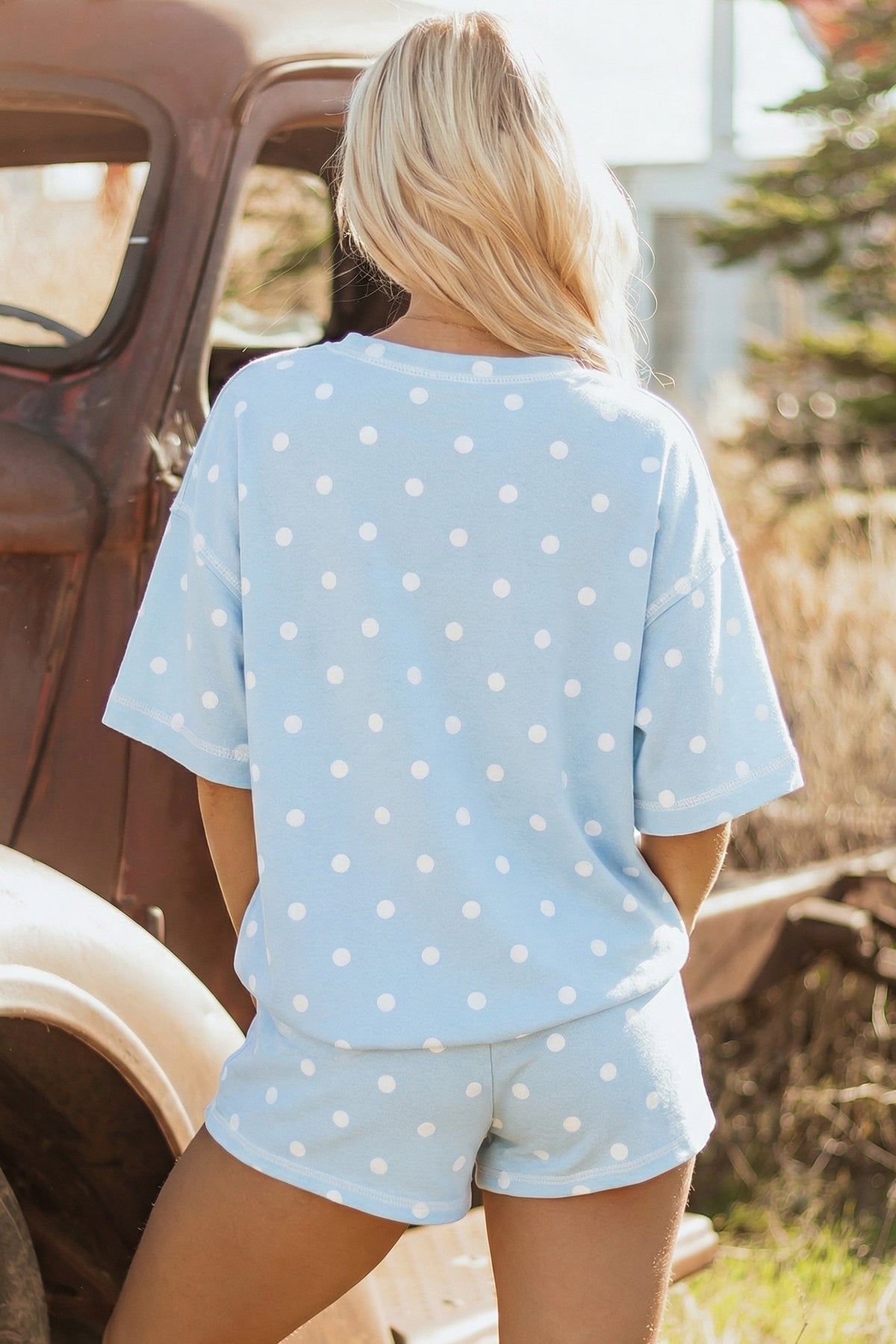 Black Polka Dot Short Sleeve Loose Top Drawstring Shorts Set