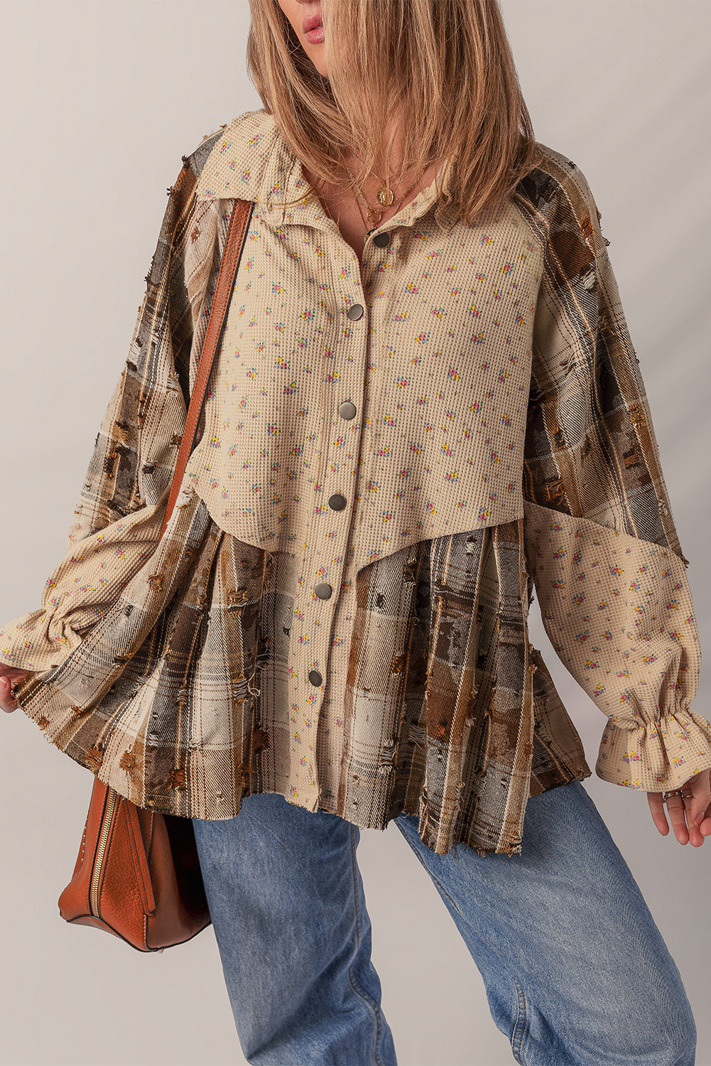 Oatmeal Boho Floral Plaid Patchwork Distressed Detail Ruffled Sleeve Waffle Knit Shacket