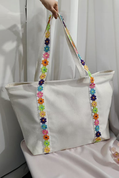 White Canvas Tote Bag with Embroidered Floral Strap Detail