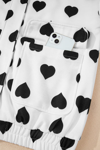 White Double Flap Pocket Heart Print Collar Zip Jacket