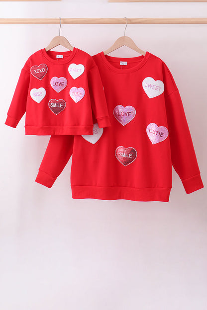 Red heart love smile sequin fleece mom&me sweatshrit