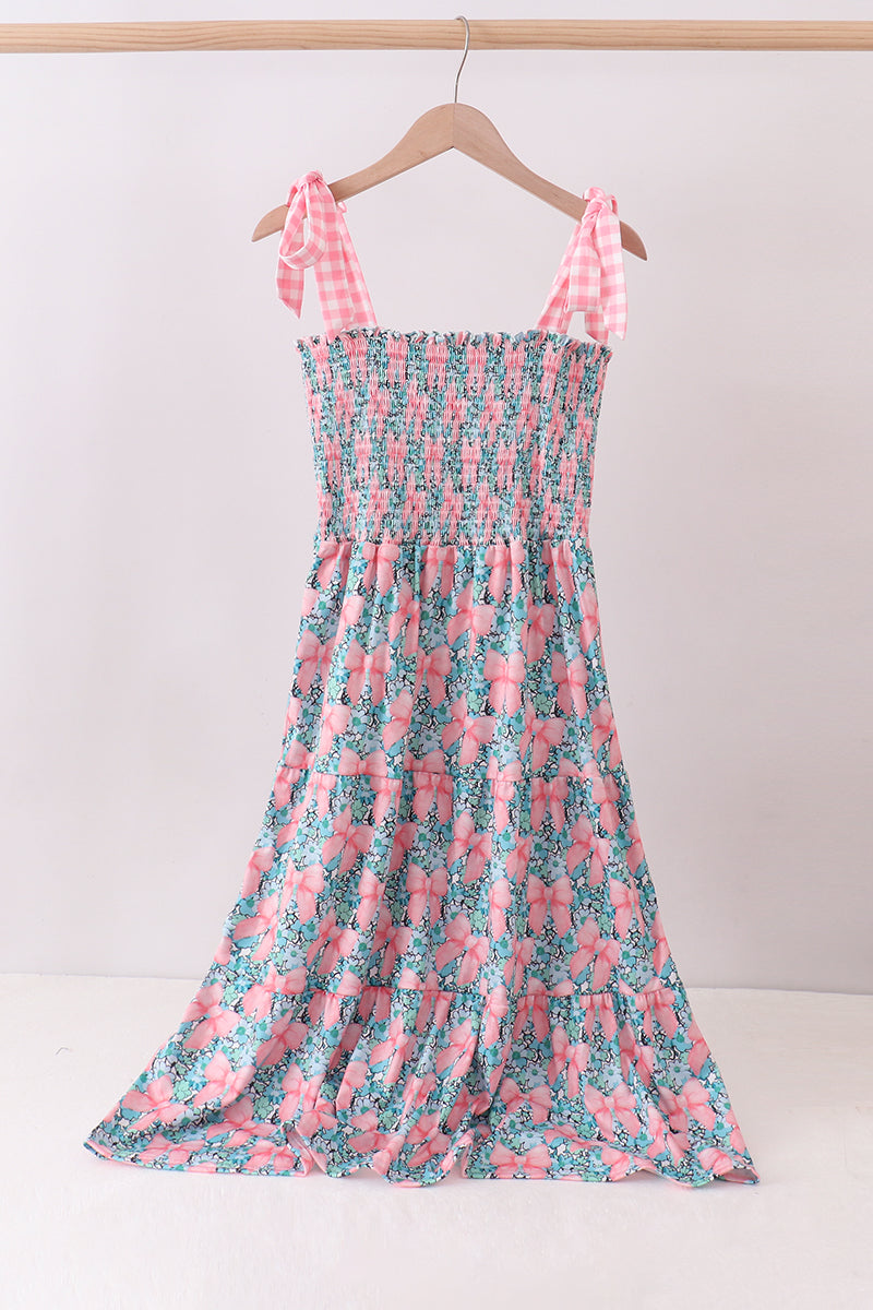 Pink floral smocked tiered dress