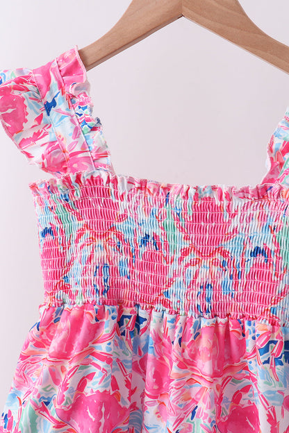 Pink floral smocked ruffle mom&me tiered dress