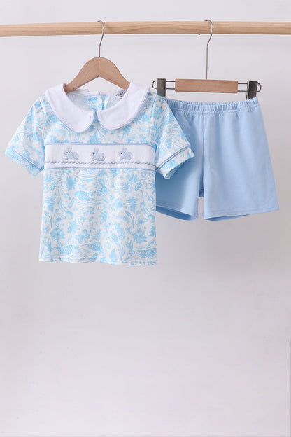 Blue bunny smocked peter pan collar shorts set