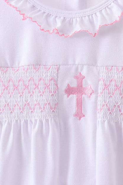 White cross smocked ruffle shorts set