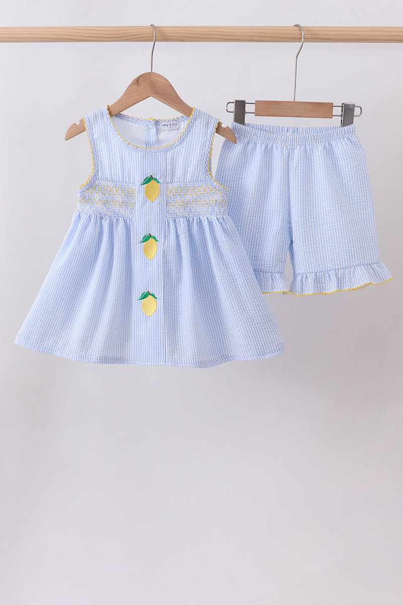 Blue lemon embroidery seersucker ruffle shorts set