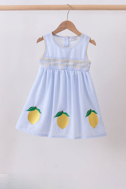 Blue lemon embroidery seersucker dress