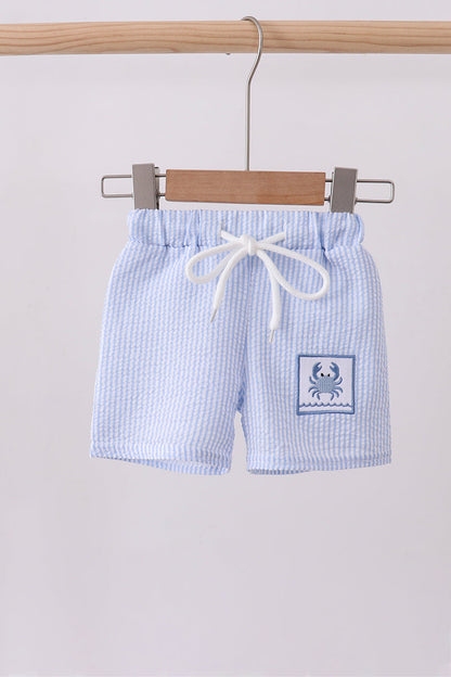Blue stripe seersucker crab embroidery swim trunks