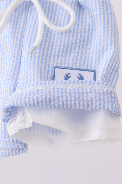 Blue stripe seersucker crab embroidery swim trunks