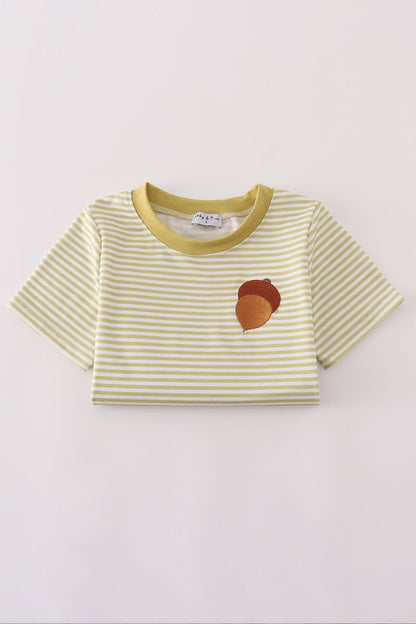 Green pinecone embroidery stripe top