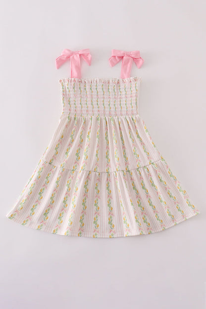 Pink lemon print bow smocked tiered mom&me dress
