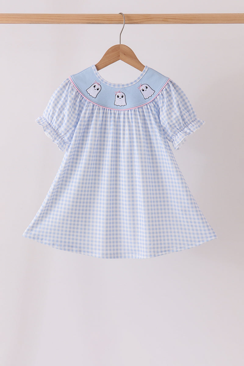 Blue ghost embroidery gingham dress
