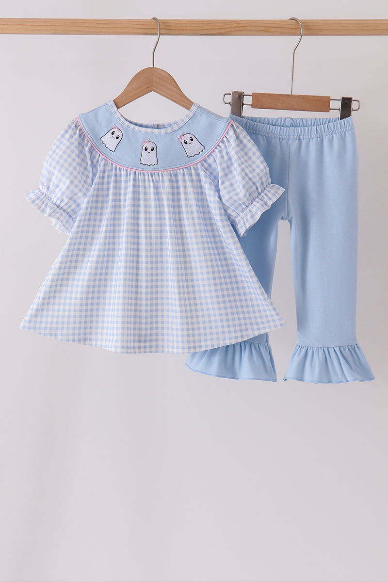 Blue ghost embroidery gingham ruffle pants set