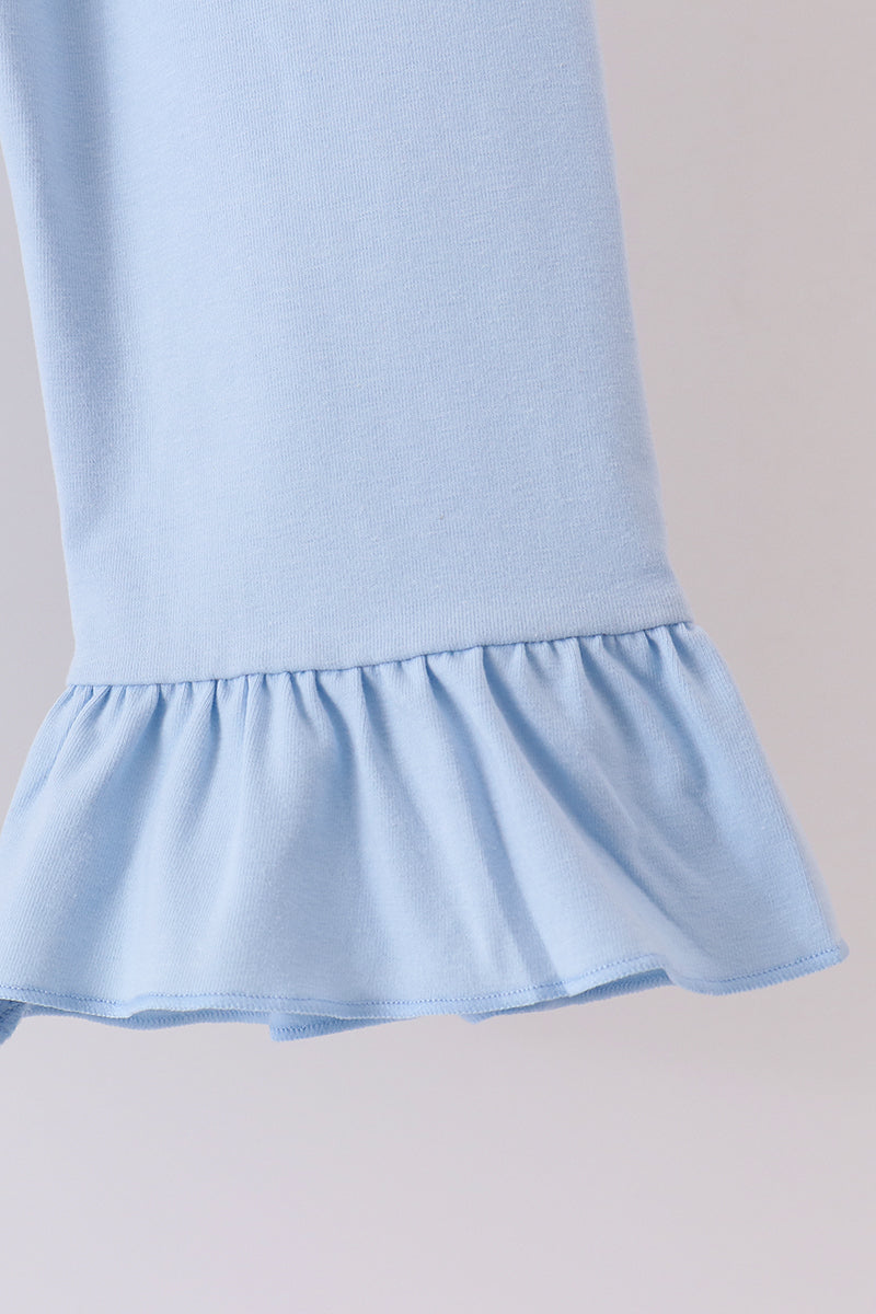 Blue ghost embroidery gingham ruffle pants set