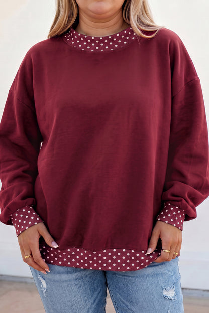 Dirty blue Polka Dot Patchwork Round Neck Plus Size Sweatshirt