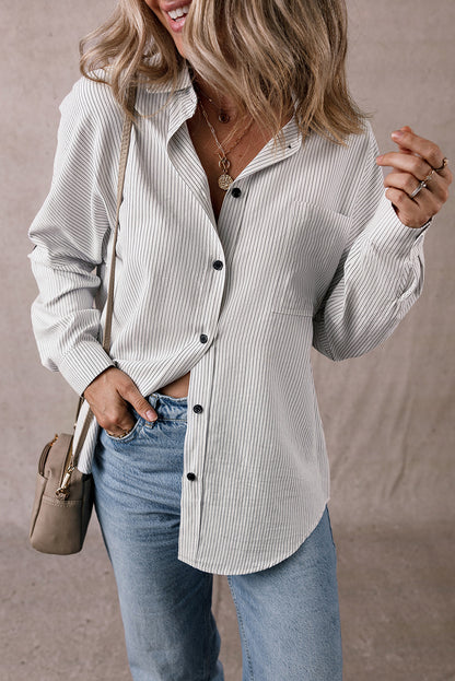 DEAR-LOVER Stripe Roll-tab Sleeve Pocketed Long Shirt