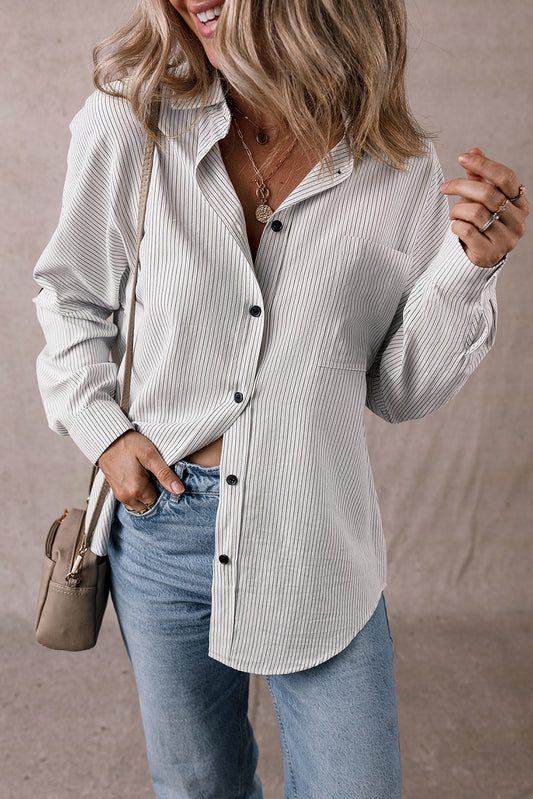 DEAR-LOVER Stripe Roll-tab Sleeve Pocketed Long Shirt