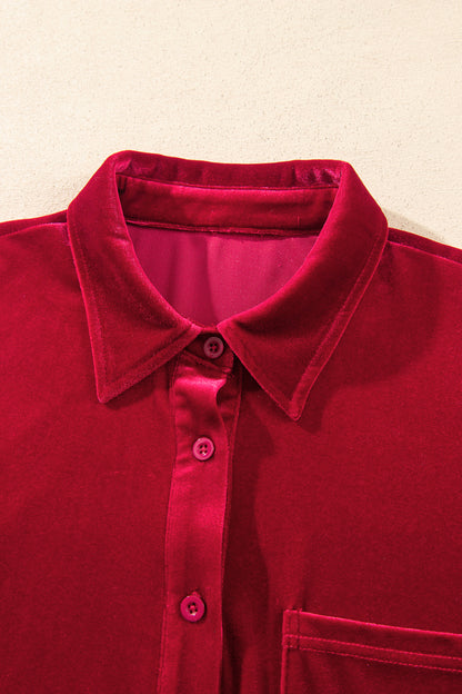 Fiery Red Soft Velvet Patch Pocket Button Down Loose Shirt