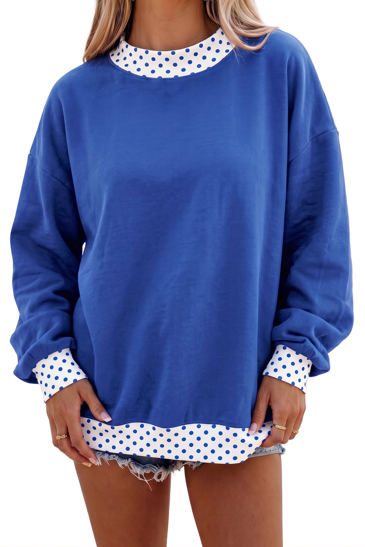 Dirty blue Colorblock Polka Dot Contrast Trim Oversized Sweatshirt