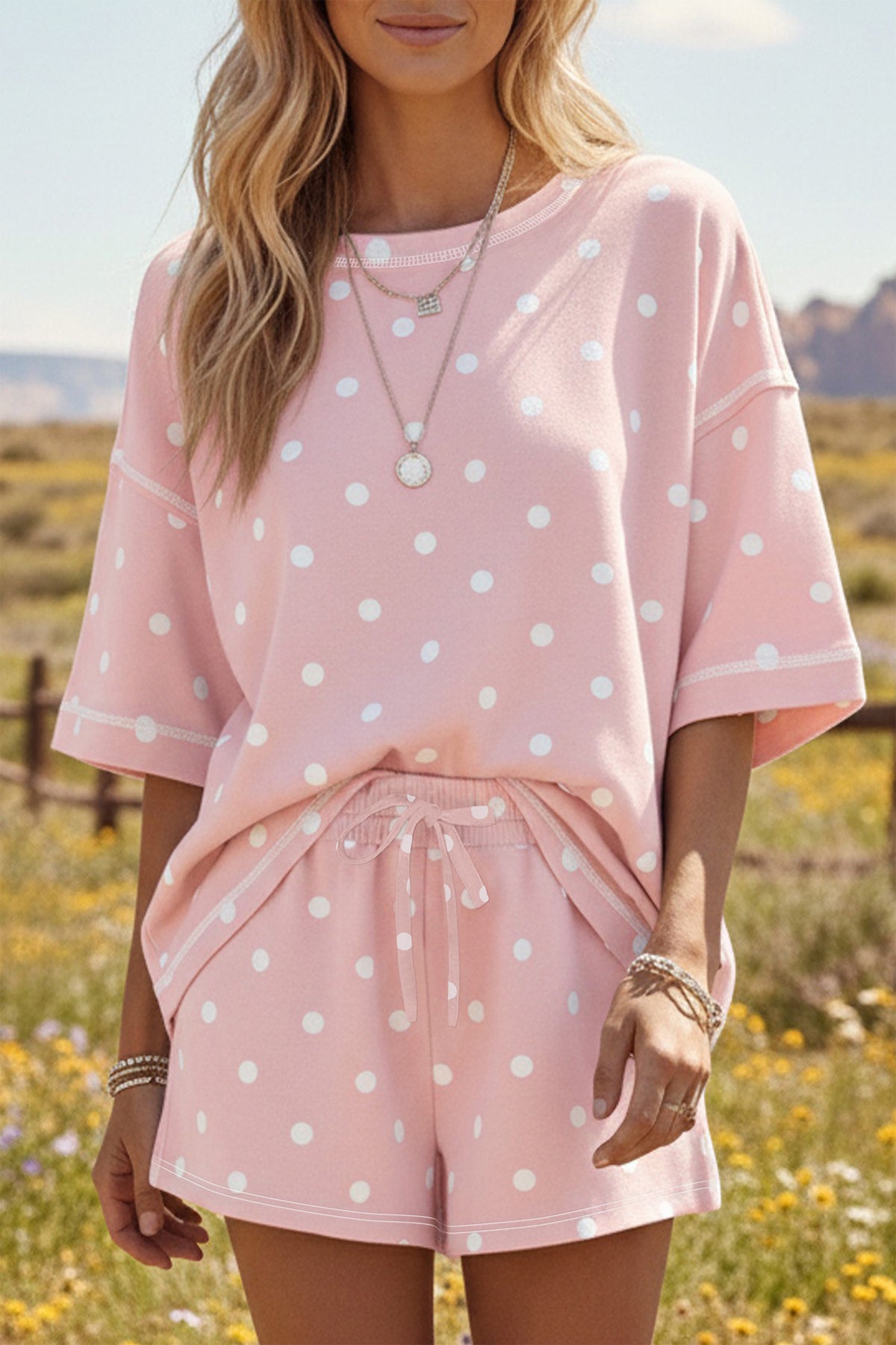 Black Polka Dot Short Sleeve Loose Top Drawstring Shorts Set