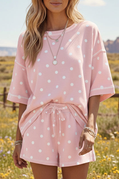 Black Polka Dot Short Sleeve Loose Top Drawstring Shorts Set