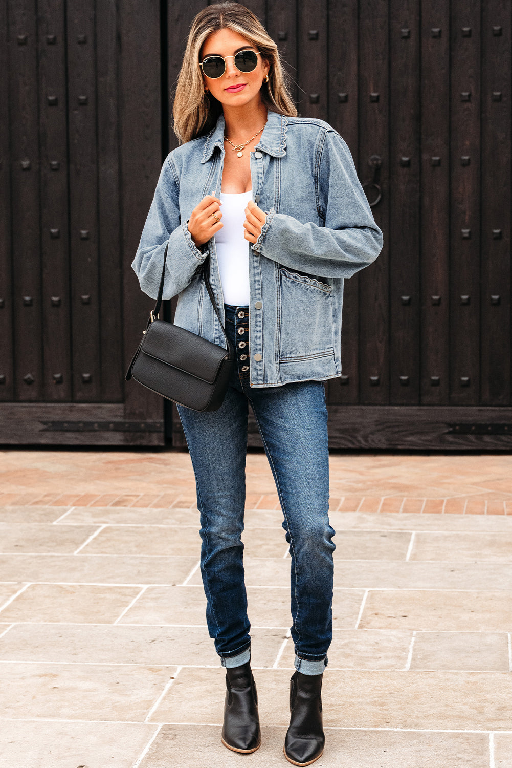 Myosotis Scallop Trim Collar Patched Pocket Button Up Mineral Washed Denim Jacket