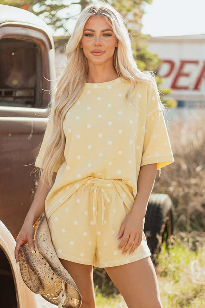 Black Polka Dot Short Sleeve Loose Top Drawstring Shorts Set