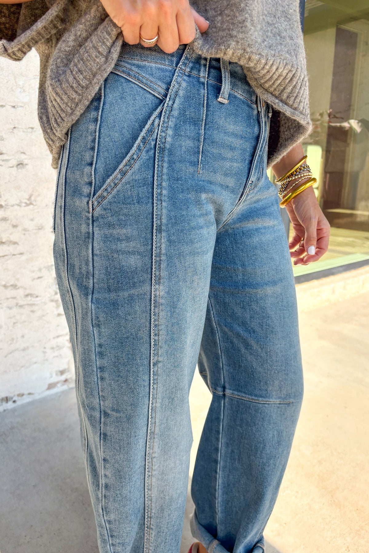 Sky Blue Medium Wash Cuffed Barrel Jeans