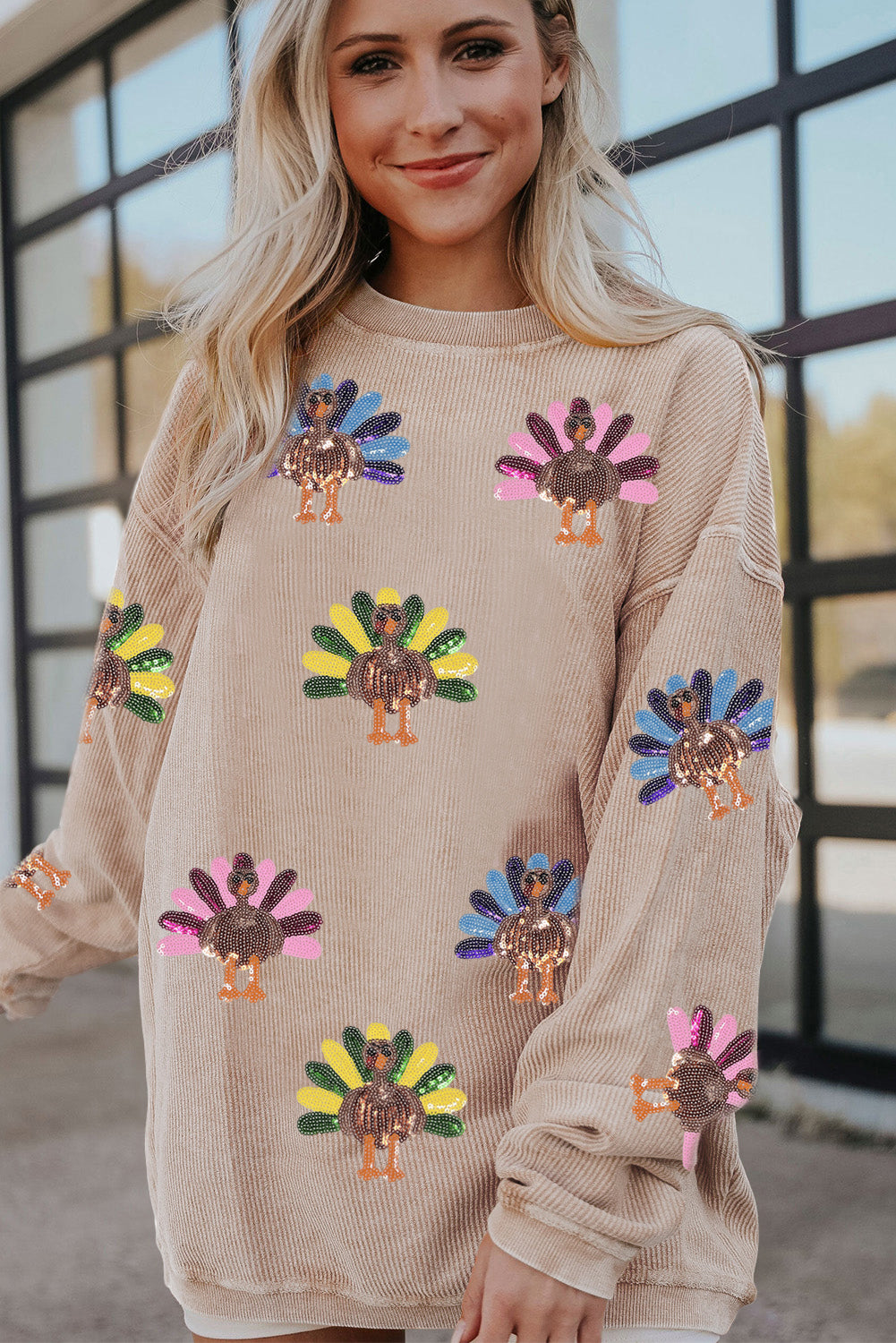 Orange Turkey Graphic Corded Baggy Sweatshirt