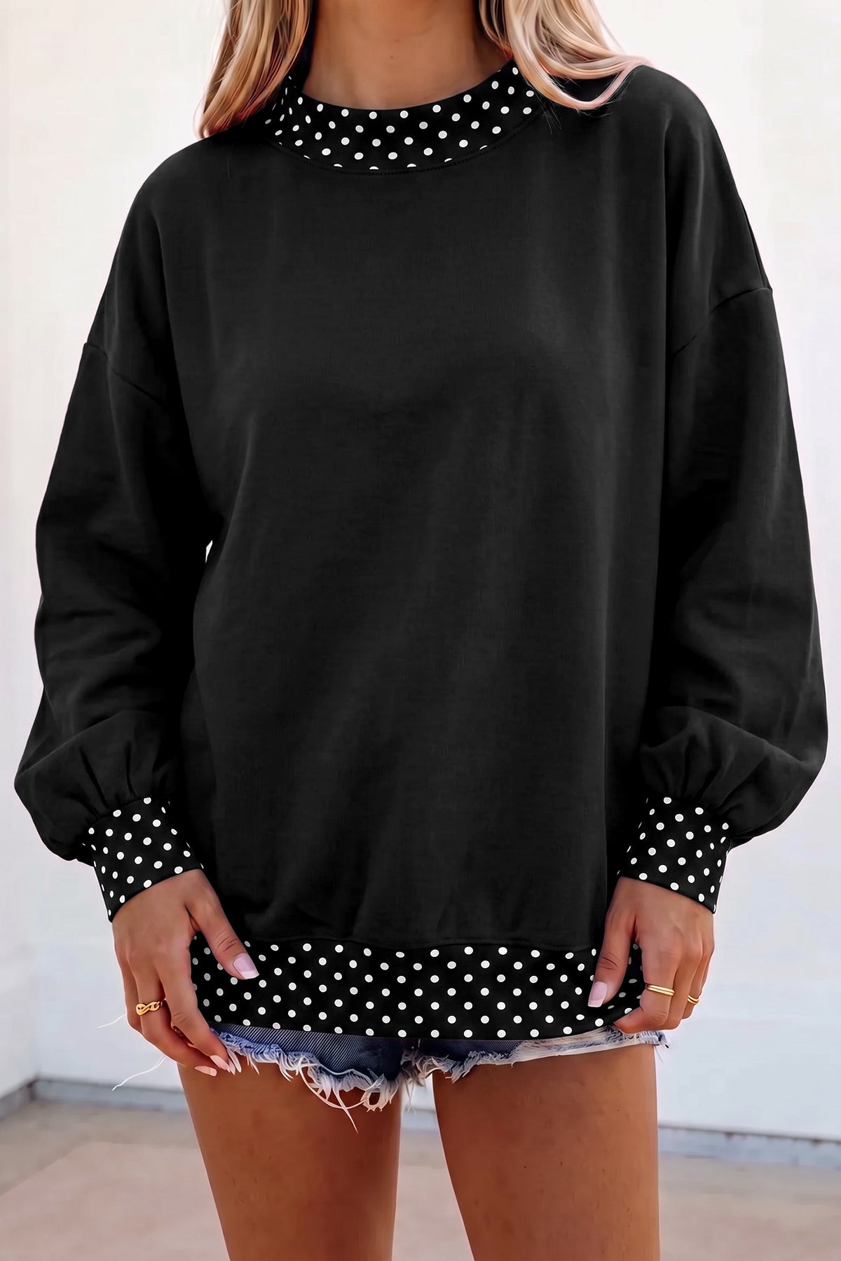 Dirty blue Colorblock Polka Dot Contrast Trim Oversized Sweatshirt