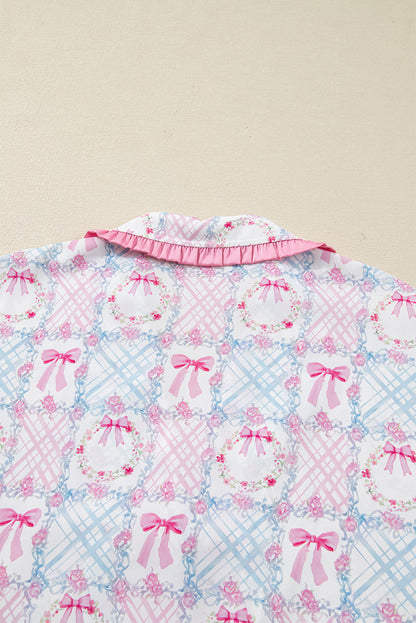 Pink Bow Wreath Pattern Christmas Holiday Tied Front Long Sleeve 2pcs Pajama Set