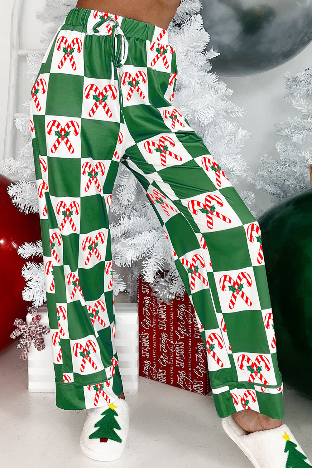 Green Holly Jolly Checkered Pattern 2pcs Long Pajama Set