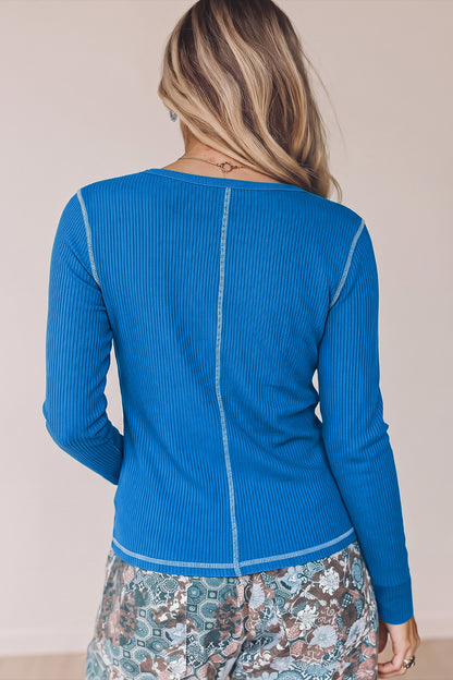 Flamingo V Neck Ribbed Stitched Detail Long Sleeve Top