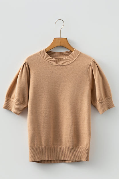 Light French Beige Solid Color Knit Short Puff Sleeve Sweater