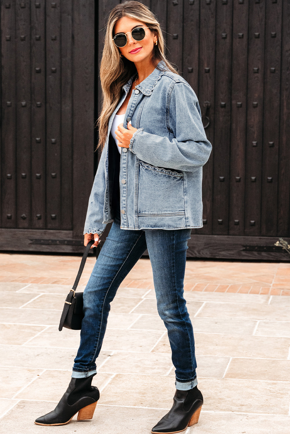 Myosotis Scallop Trim Collar Patched Pocket Button Up Mineral Washed Denim Jacket