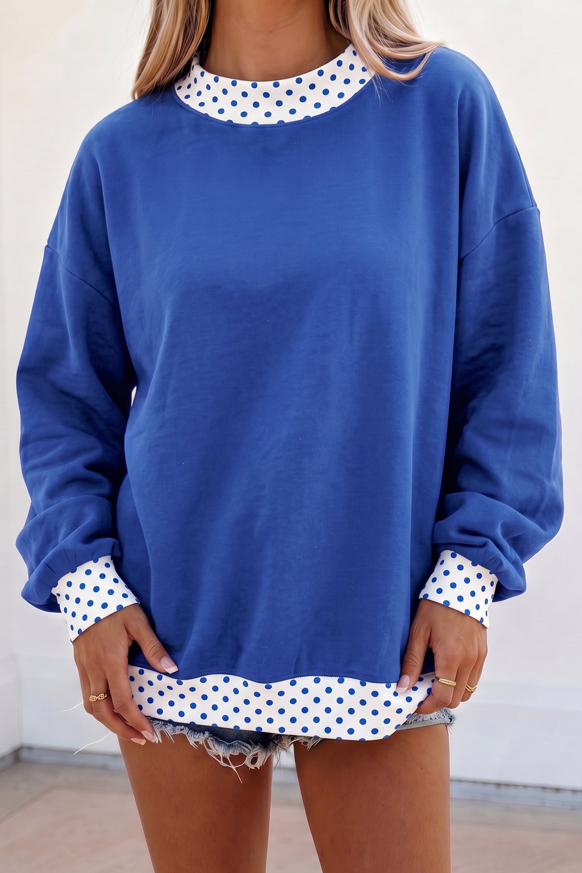 Dirty blue Colorblock Polka Dot Contrast Trim Oversized Sweatshirt