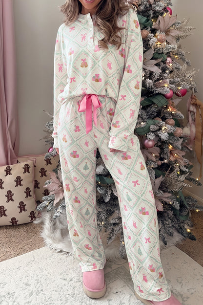 White Long Sleeve Patchwork Shift Christmas Daily Wear Lounge Set