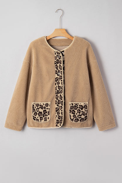 Casual Leopard Print Accent Plush Jacket with Pockets