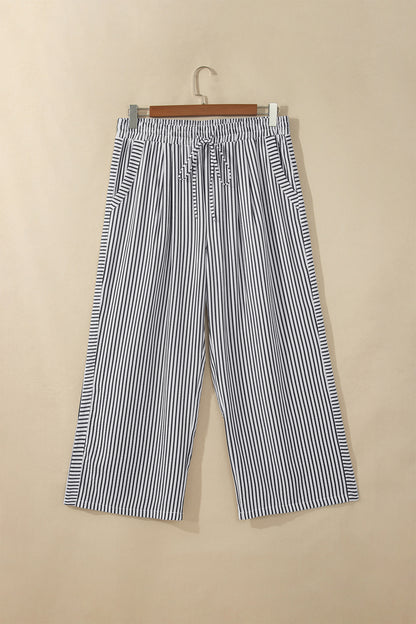 Black Stripe Plus Size Tie Waist Loose Pants