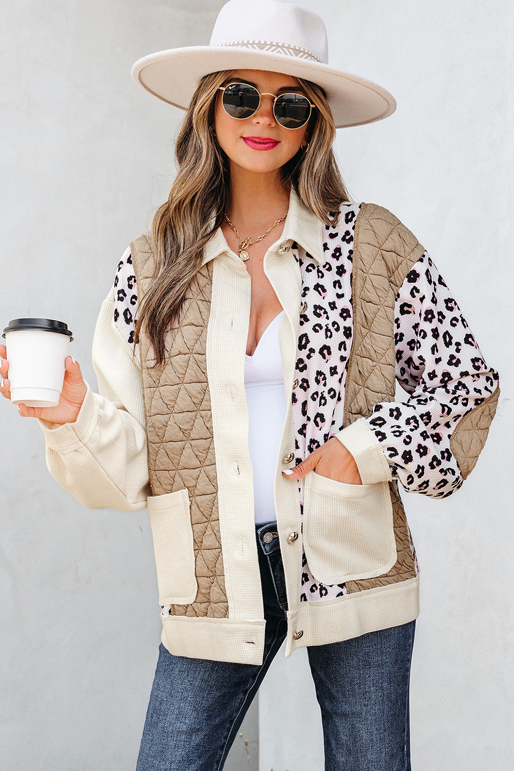 Khaki Leopard Waffle Quilted Patchwork Button Front Jacket