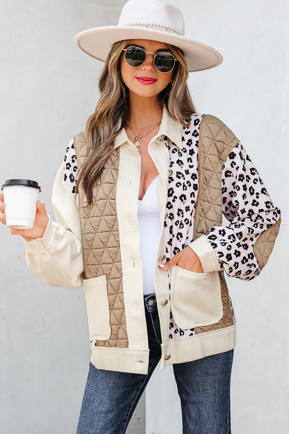 Khaki Leopard Waffle Quilted Patchwork Button Front Jacket