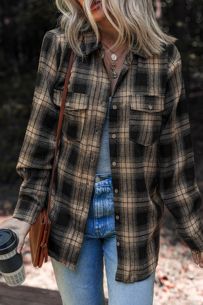 Multicolour Retro Plaid Double Flap Pocket Brushed Shacket