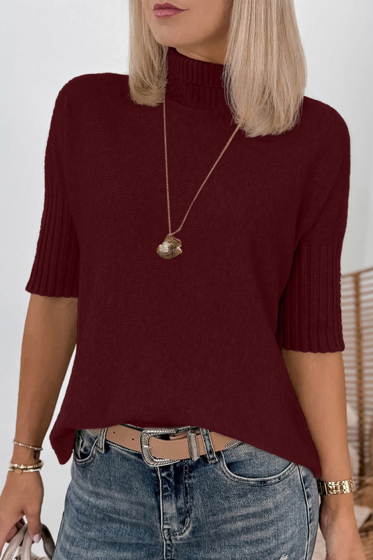 Beige Ribbed Trim High Neck Short Sleeve Casual Sweater