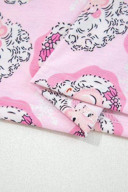 Pink Santa Claus Print V Neck Tee Drawstring Pants 2pcs Lounge Set