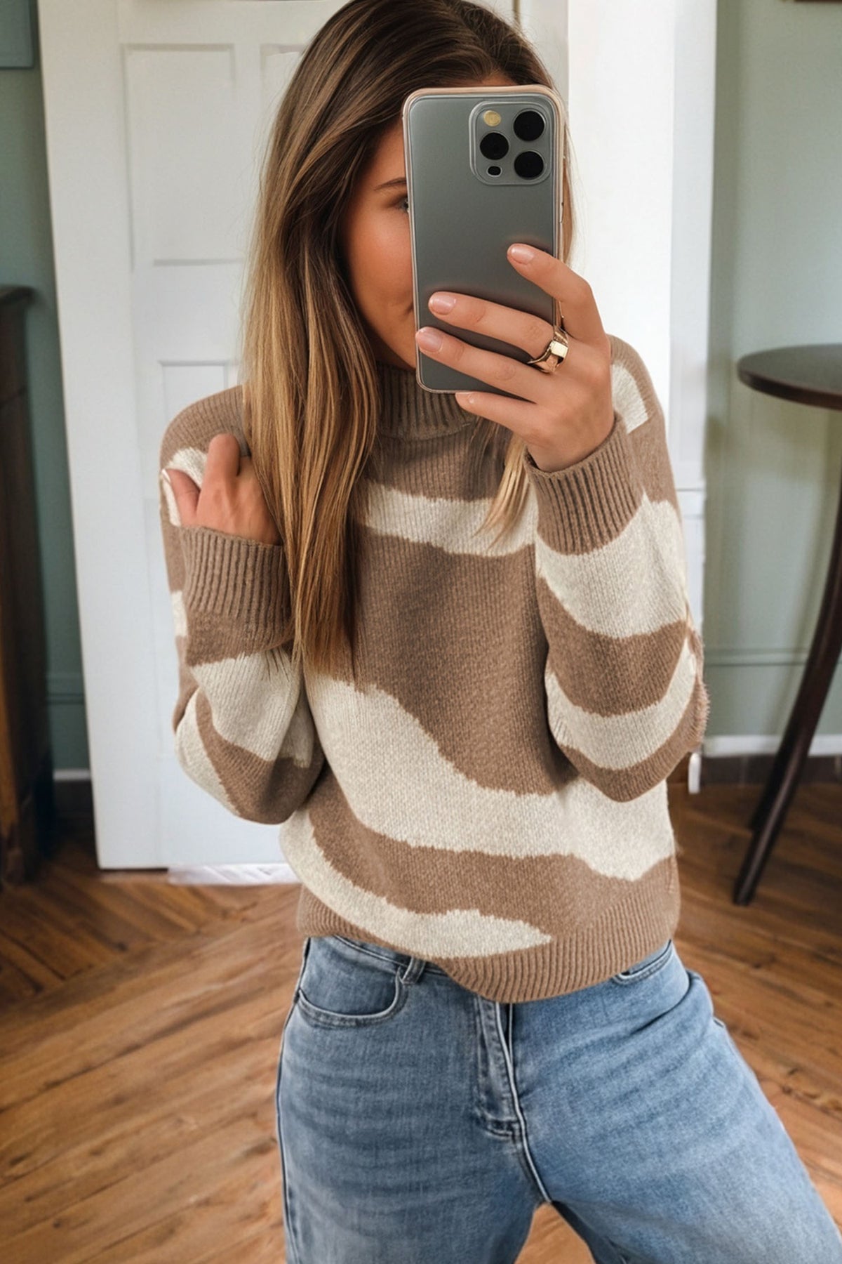 Dark Khaki Abstract Print Ribbed Trim Mock Neck Chic Sweater