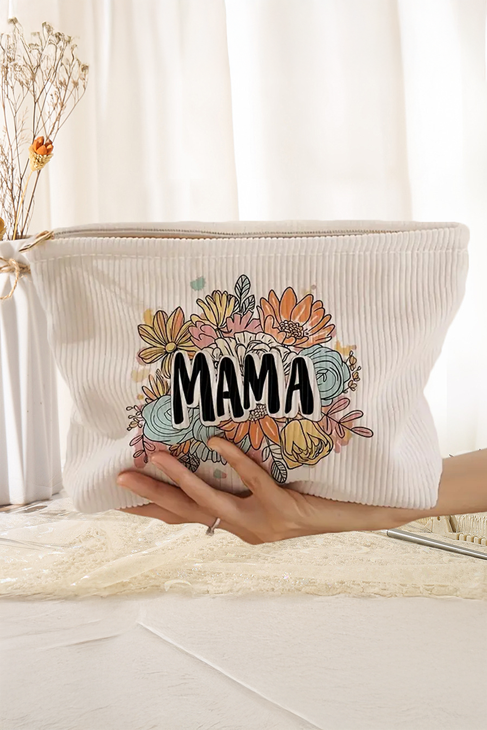 White MAMA Flower Print Corduroy Large Cosmetic Bag