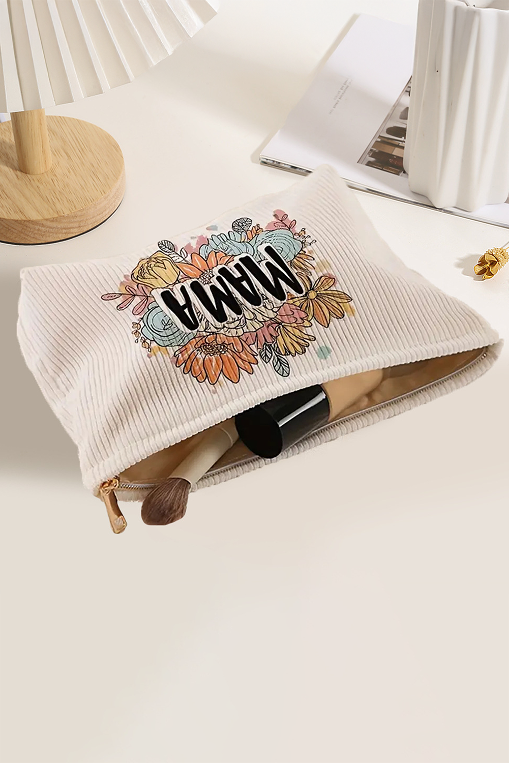 White MAMA Flower Print Corduroy Large Cosmetic Bag
